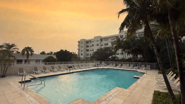 View of pool at night